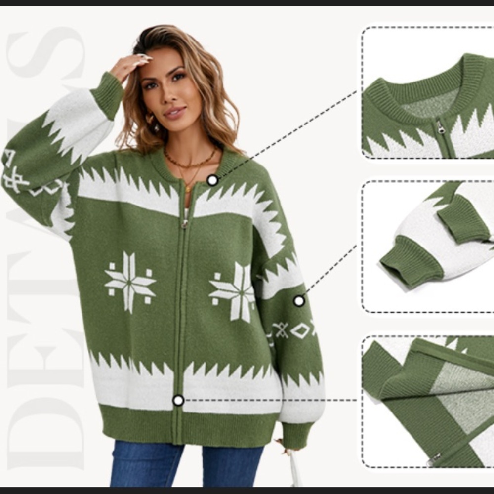 Green full-zip knit holiday sweater cardigan,white snowflake & geometric motifs